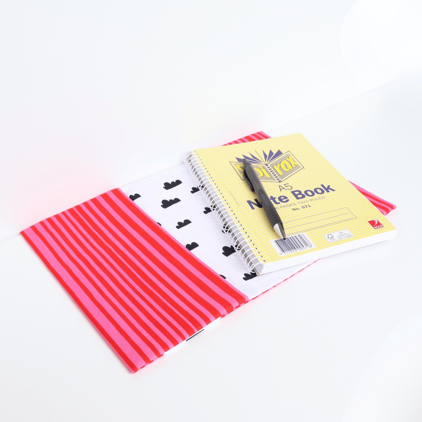 Notebook Gift Set - 300 Page A5 Lined Notebook with Pockets & Retractable Pen | Red and Pink Stripe