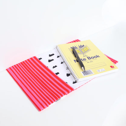 Notebook Gift Set - 300 Page A5 Lined Notebook with Pockets & Retractable Pen | Red and Pink Stripe
