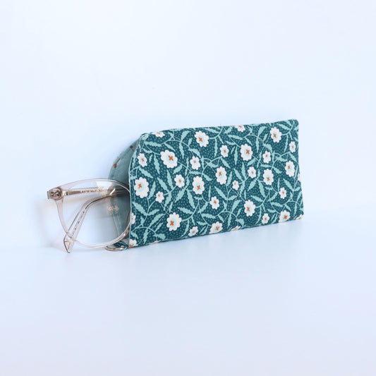 Glasses Case – Soft Quilted Fabric Pouch for Sunglasses or Eyeglasses | Teal Floral